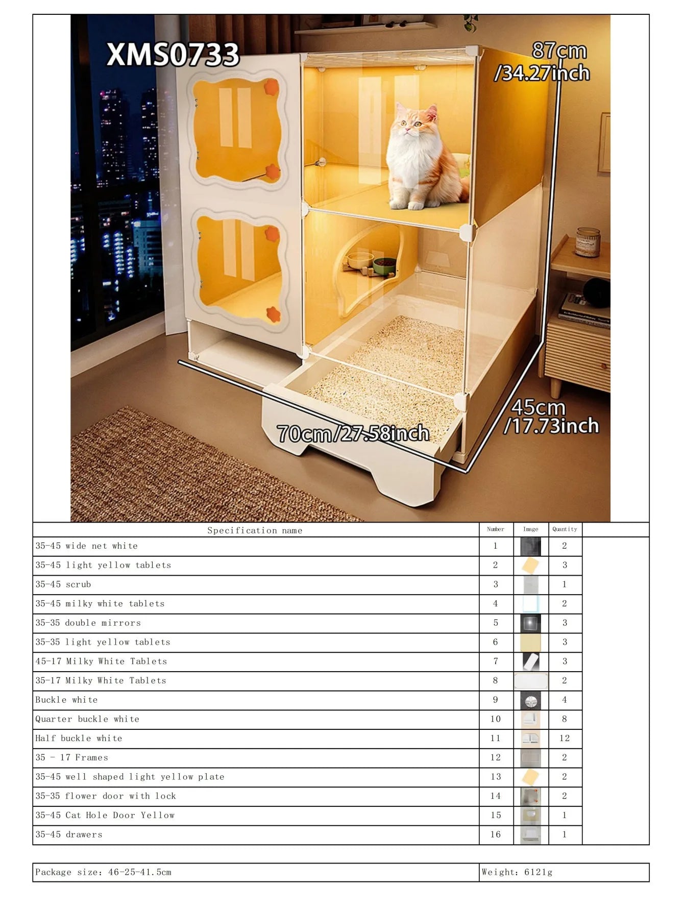 Cat Cage with Drawer-Type Litter Box, Indoor Kitten House with Toilet, Cat Cabinet with One Bedroom, One Living Room, and One Bathroom, Kitten Villa