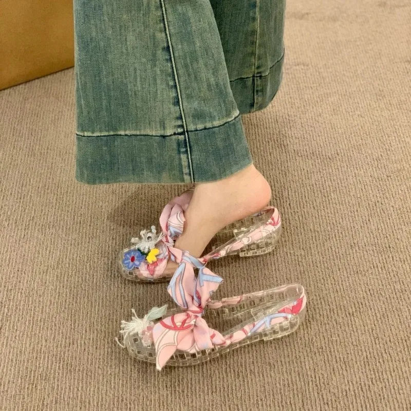 Women's Square Open Toe Jelly Flats DIY Crystal Floral Handmade Mesh Sandals Casual Slip-On Summer Shoes Holiday-style Sandals
