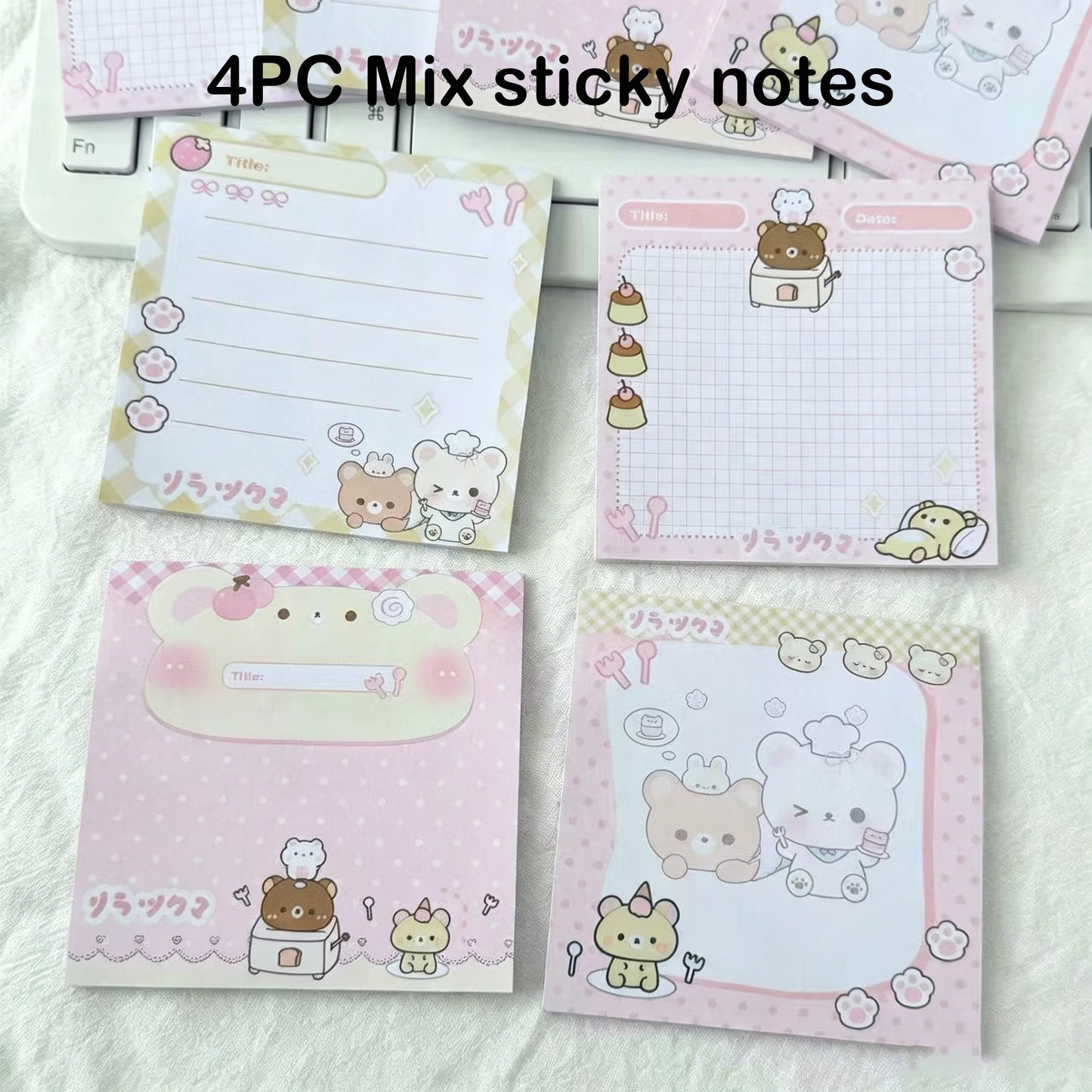 4PC Mix New Original Cartoon Dessert Bear Sticky Notes High-Looking Cute Hand Account Decorative Message Material Post-it Notes