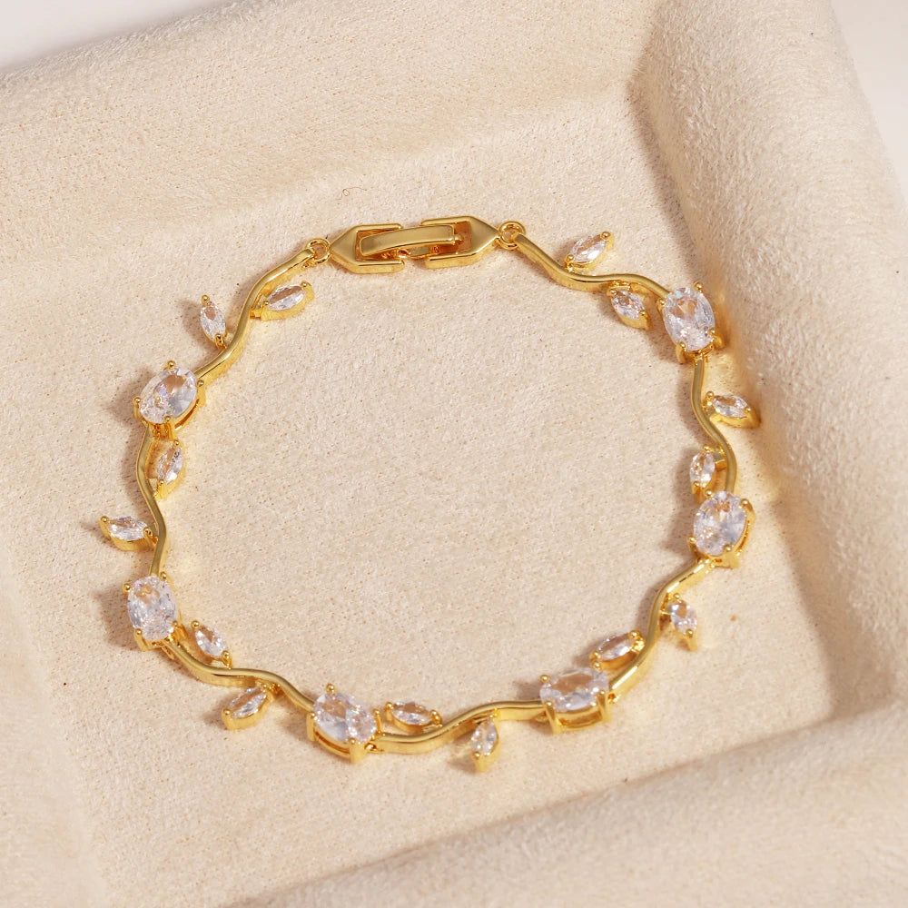 Natural Royal Women Jewelry Silver Color Dark Blue CZ Crystal Leaf Chain Link Bracelets and Bangles for Party Gift