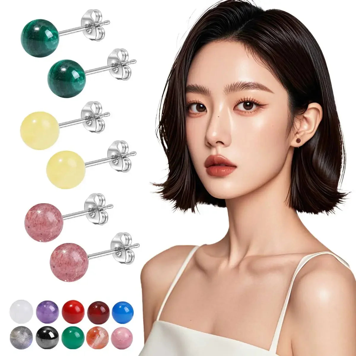 6mm Stone Beads Natural Stone Earrings Earring Stud 925 Sterling Silver Jewelry For Women Party Women's S925 Silver Earrings