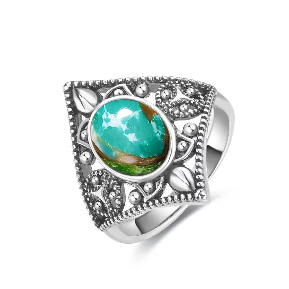 Vintage S925 Sterling Silver Ring with Oval Natural Emperor's Stone Flower Shape Hollow out Ring Fine Jewelry for Women
