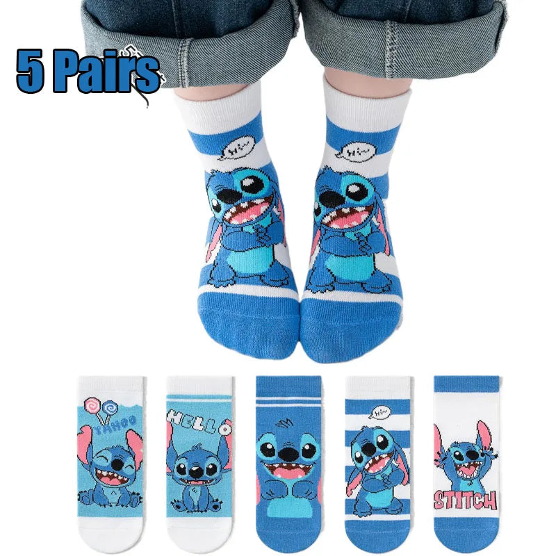 5 Pairs Spring Autumn Cartoon Stitch Children Socks Boy's Socks Middle Tube sock Cotton Cute Kids Socks Girl Sock Size 1-8 Years
