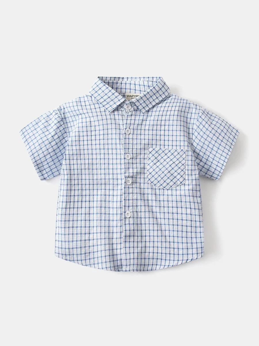2026 Summer 2-6Y Childrens Clothes Turn-down Collar Bubble Plaid Boys Shirt with Chest Pocket Single-row Buttons
