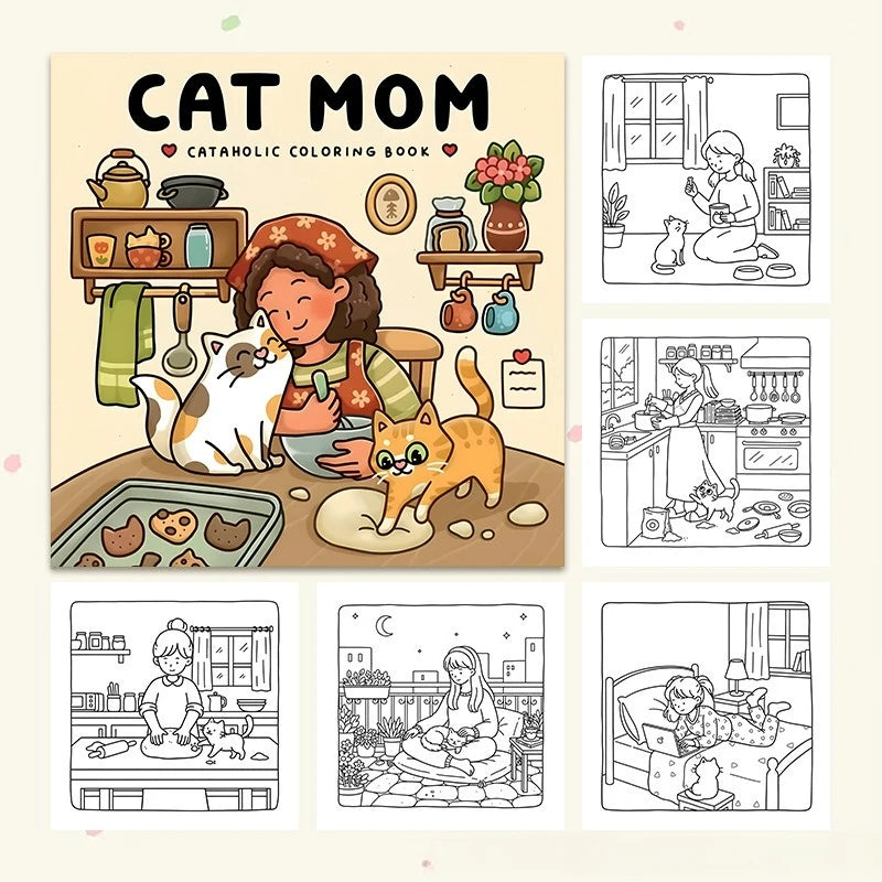Cat Mom Coloring Book 24 Pages Heartwarming Feline Mother Illustrations for Adults Stress Relief Relaxation Gift
