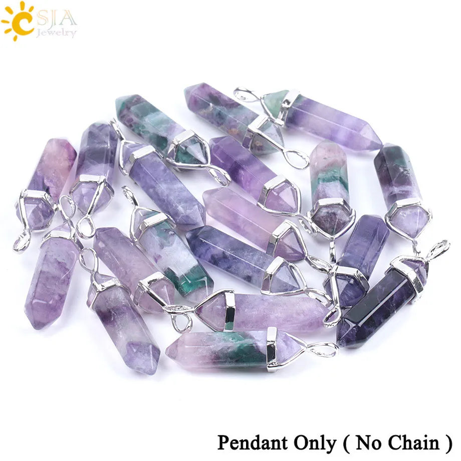 CSJA Fluorite Crystals Necklaces Pendants Suspension Quartz Natural Gem Stone Necklace for Women Hexagonal Reiki Healing G954