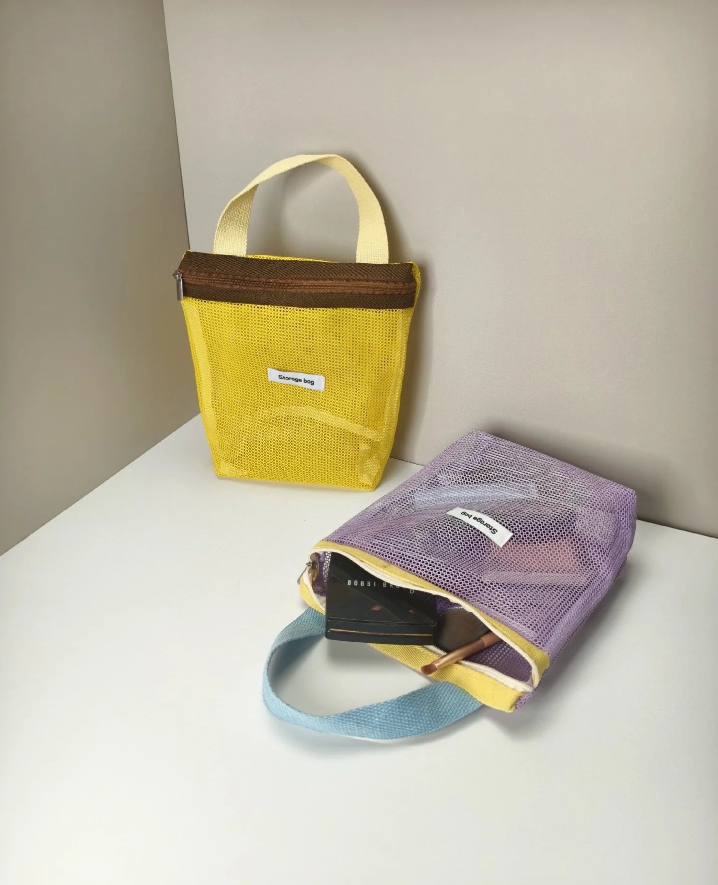 Ins Style Vibrant Bright Color Summer Mesh Tote Bag Small Cosmetic Bag Handbag Foldable Portable Toiletry Bag Women's Beach Bag
