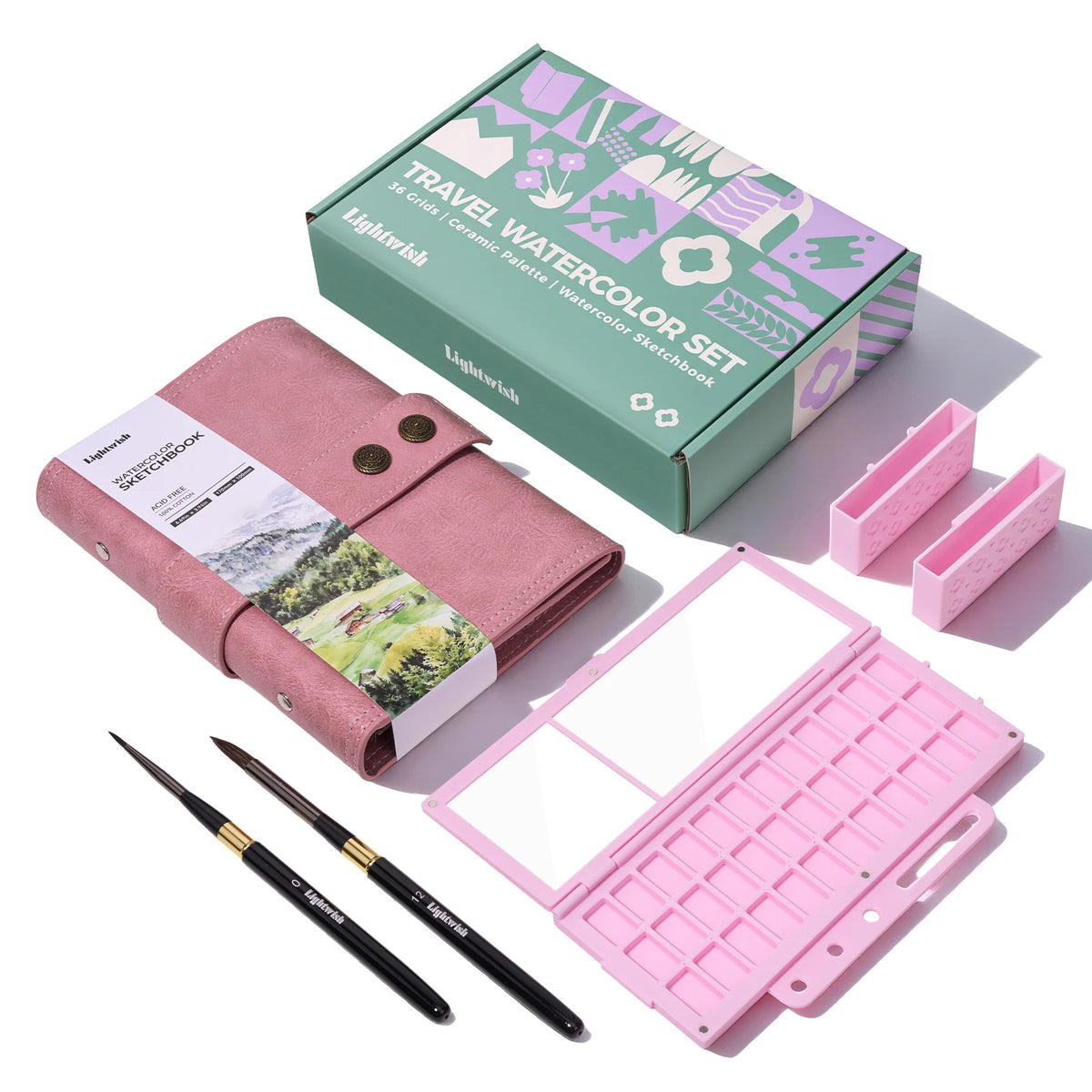 Portable Watercolor Sketchbook Set - 6.7x3.9 Inch Binder Art Journal with 36-Well Ceramic Paint Palette & 2 Brushes for Outdoor