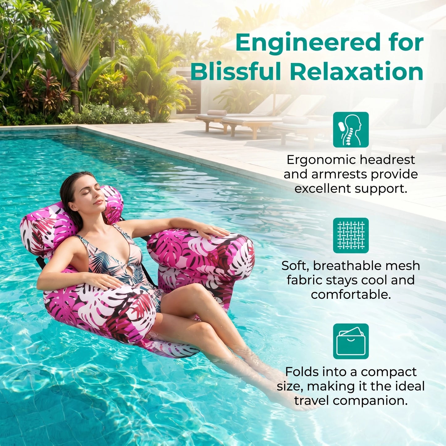 Pool Floats Chairs Adult Inflatable Pool Lounger with Arm & Backrest Water Floating Recliner Water Hammock for Summer Water Fun