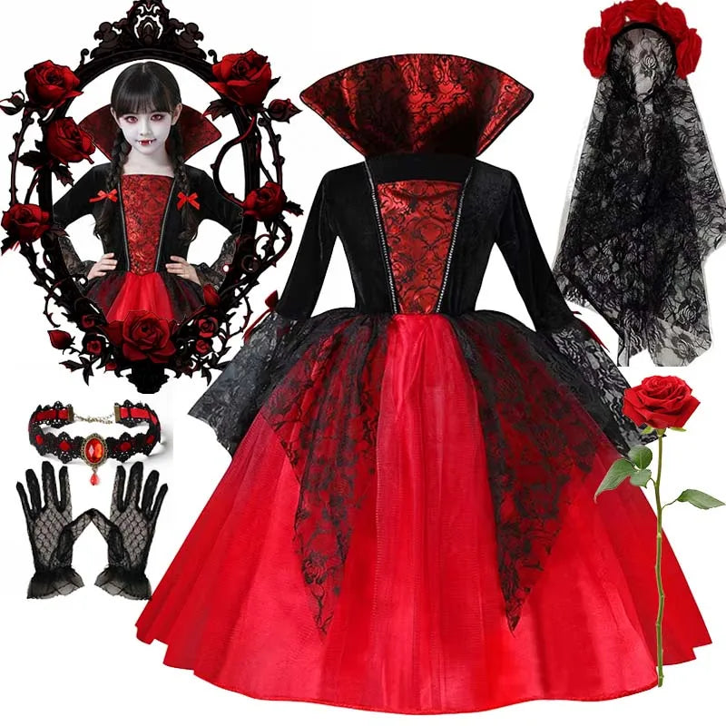 Kids Girls Cosplay Gothic Dark Ghost Bride Witch Vampire Halloween Costume Red Black Tutu Dress Wig Veil Kits Trick or Treat