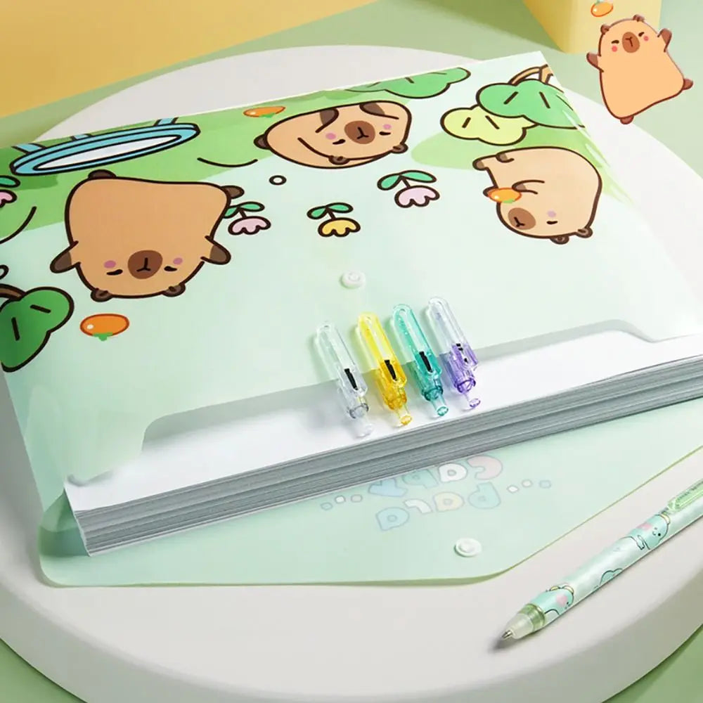 5PCS/Set Capybara Snap-fastener A4 File Folder Waterproof Large Capacity File Bag PP Test Paper Storage Envelope Folder Student