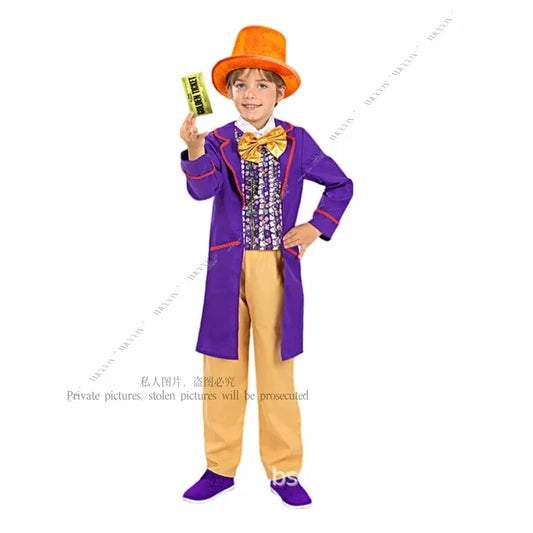 Chocolate Factory Willy Cosplay Costume Charlie Uniform Child Role Play Outfit Full Suit Halloween Masquerade Kid Cloth Jump#1#W