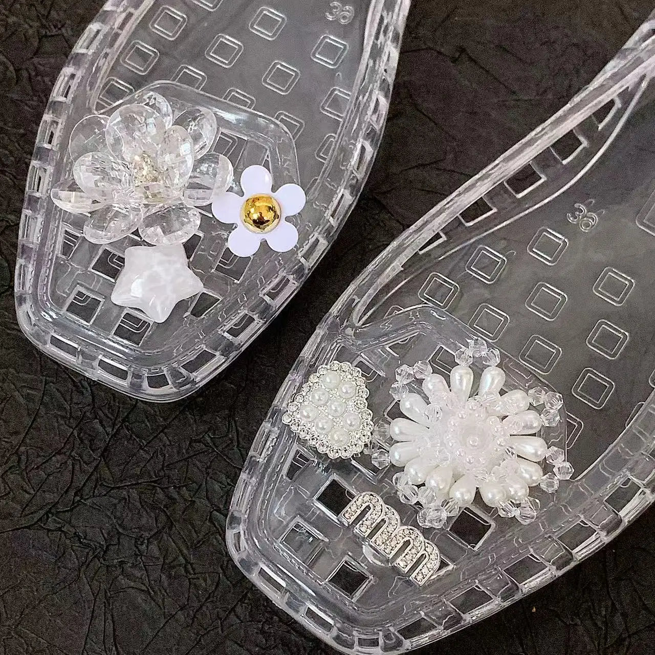 Women's Jelly Crystal Slippers, Square-Toe Women's Shoes, Crystal Flower Set Accessories, Crystal Clogs, Sandals, Jelly Shoes, Slip-On Slippers