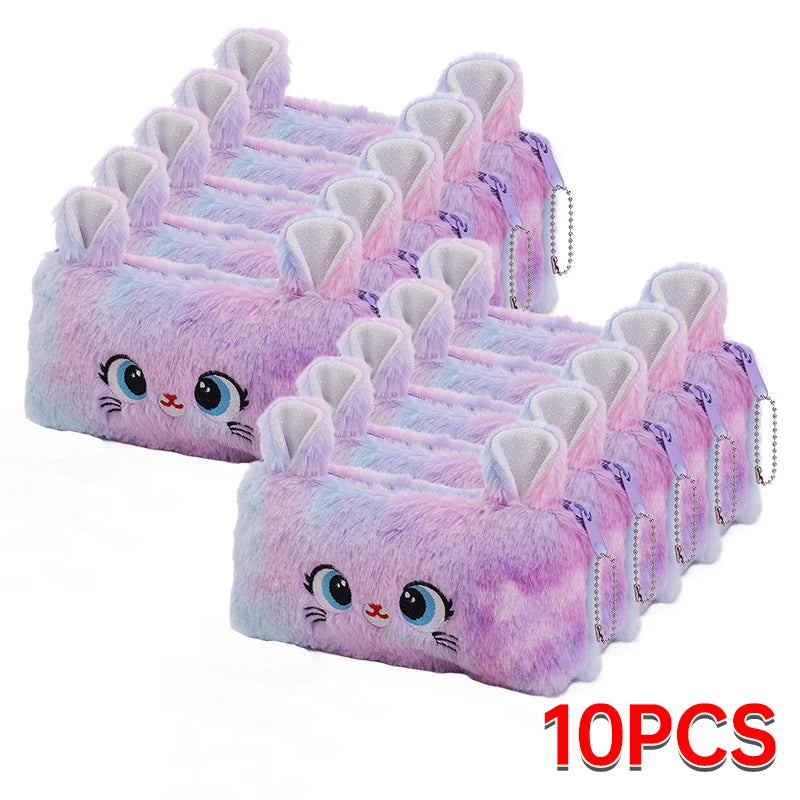 1/5/10PCs Plush Cartoon Pencil Case Cute Cat Pencil Pouch Large Capacity Pencil Bag Stationery for Girls Kids Back to School