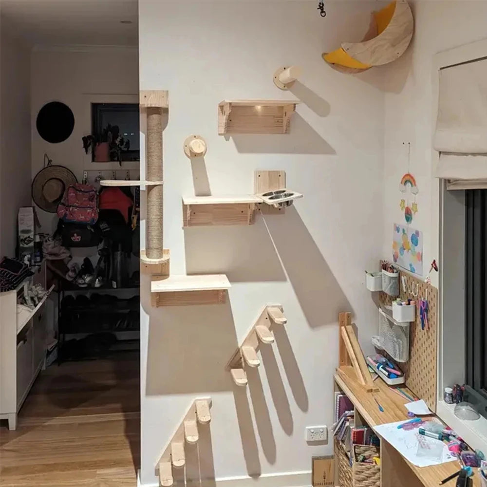 Wall Mounted Cat Climbing System Cat House Bridge Cat Hammock with Scratching Post & Stairway Kitten-Friendly Indoor Furniture