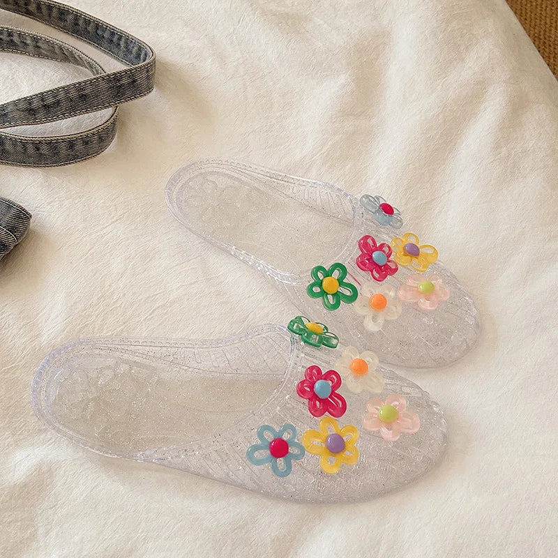 Fashionable Jelly Shoes Women's 2026 Summer Korean Style DIY Colorful Flower Mules Sandals Woman Transparent Crystal Beach Slide