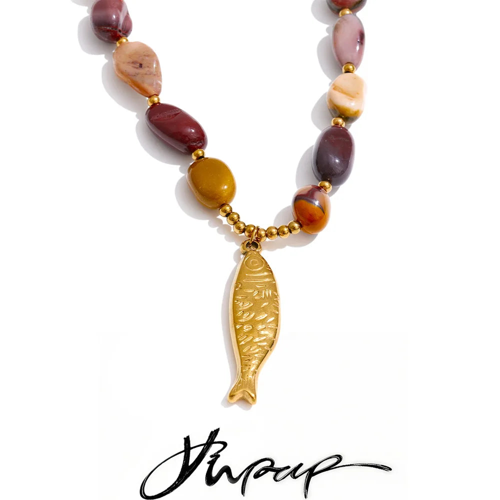 Yhpup Natural Stone Beads Chain Fish Pendant Necklace Ocean Series Stainless Steel Handmade Statement Jewelry Accessories