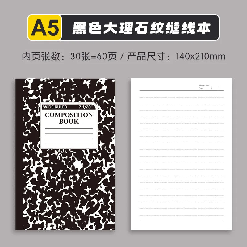 4pcs American Style Marble Composition Notebook Wide Ruled 60 Pages Student School Journal Sewn Bound Writing Diary Supply