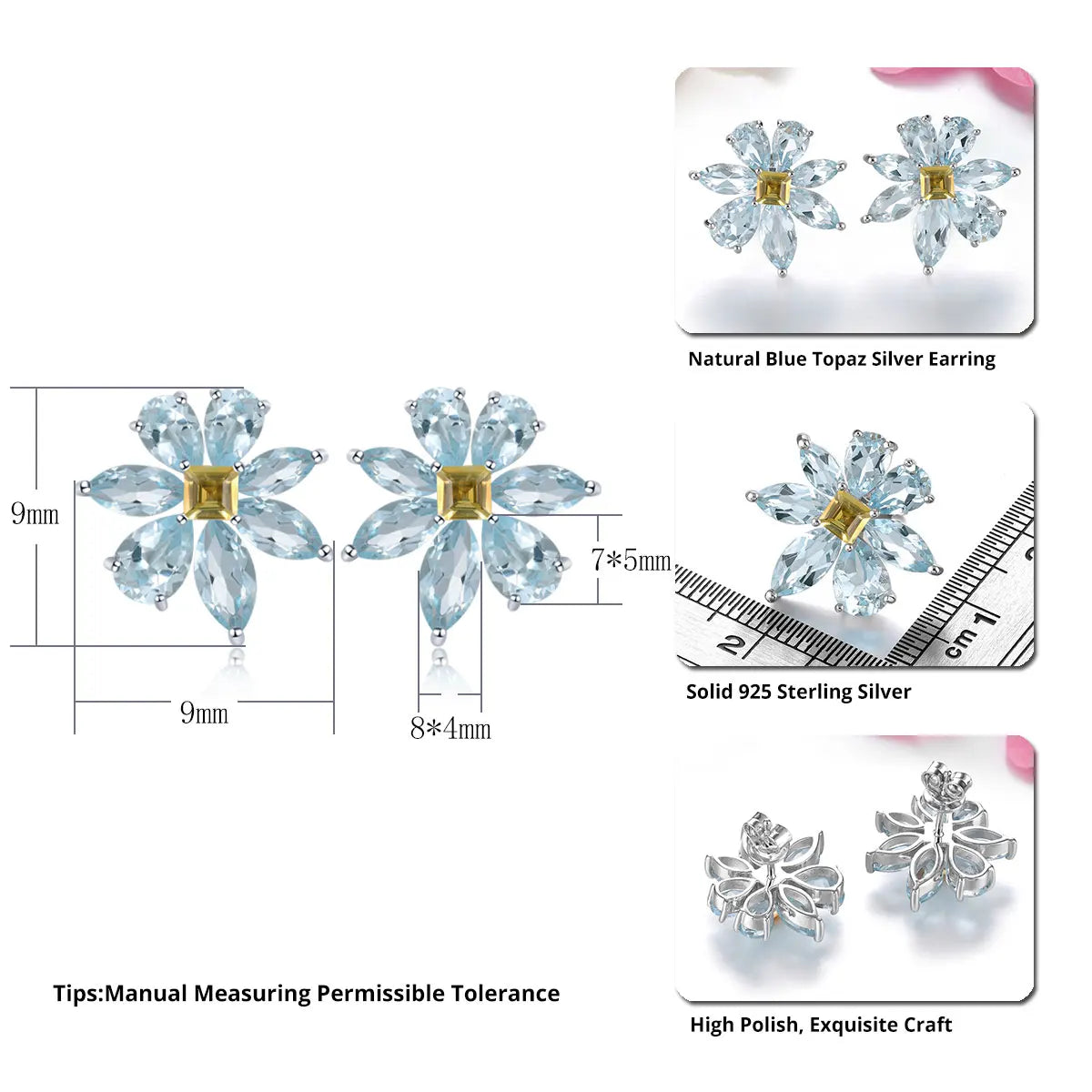 Natural Sky Blue Topaz Sterling Silver Earring 7.8 Carats Genuine Gemstone Citrine Flower Design Spring New Design S925