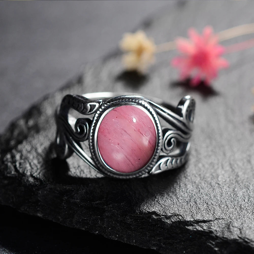 Natural 8x10MM Tiger's Eye Rings Vintage S925 Silver Finger Ring for Women Gift Luxury Rhodochrosite Stone Jewelry