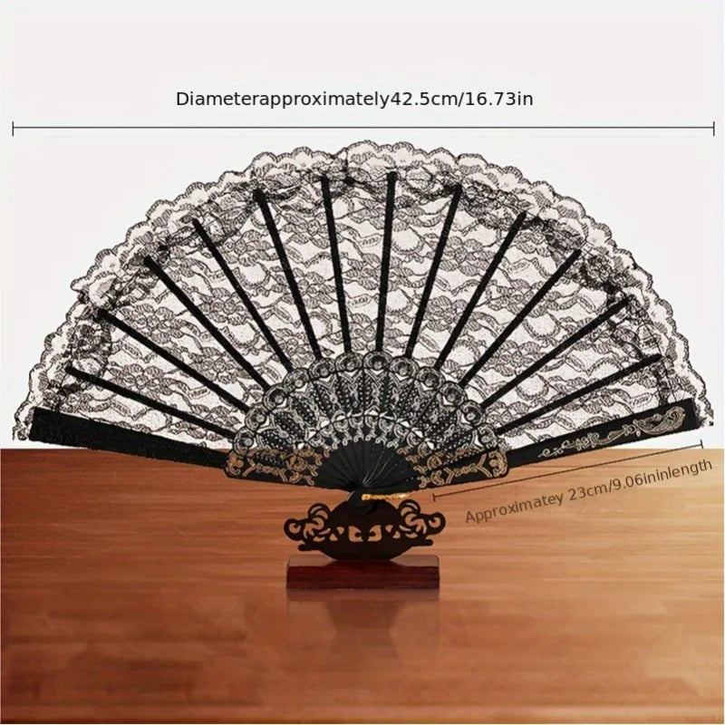 Vintage Chinese Lace Fan - Floral Pattern Black & Golden Tassel Handheld Cooling Fan, Photo Props, Summer Fashion Accessory