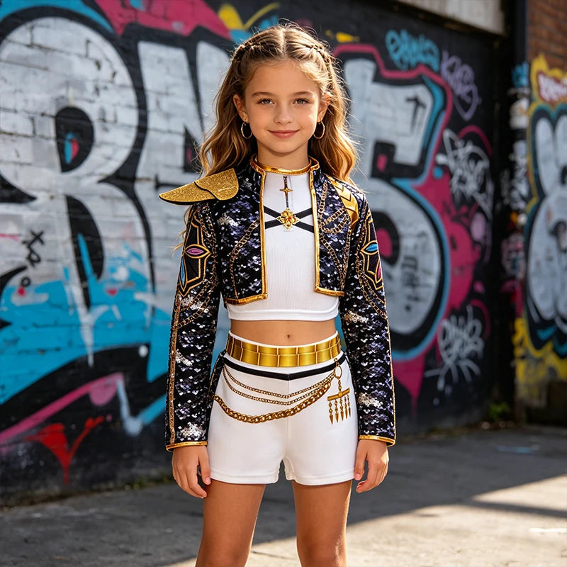 Kids Black Gold 3D Printed Jacket Shorts Set Girls Cosplay Outfit For Stage Show Birthday Party Halloween Carnival Dress Up