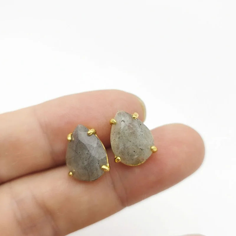 Water Drop Shape Stud Earrings Golden Color Natural Stone Faceted Pink Quartz Crystal Tiger Eye opal Healing Jewelry Female