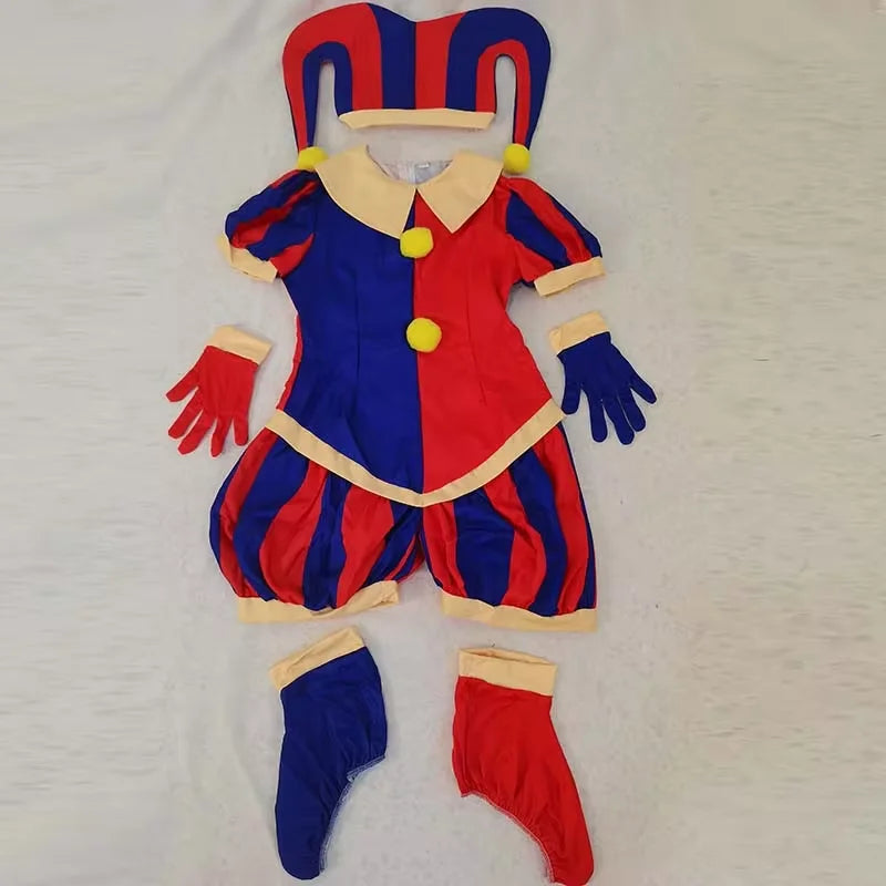 Pomni Cosplay Jumpsuit with Hat aShoes Cover Gloves Magical Virtual Circus Outfits for Halloween Carnival Circus Pomni Costumes