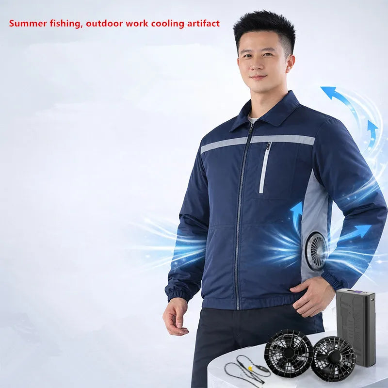 New Men'S Outdoor Fishing With Fan Clothes Construction Site Driving Heatstroke Prevention Cooling Work Coat(Without Power Bank)