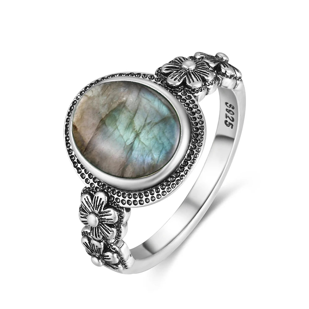 Vintage S925 Sterling Silver Rose Flower Ring With Oval 8*10mm Natural Moonstone Sweet Ring Fine Jewelry For Woman