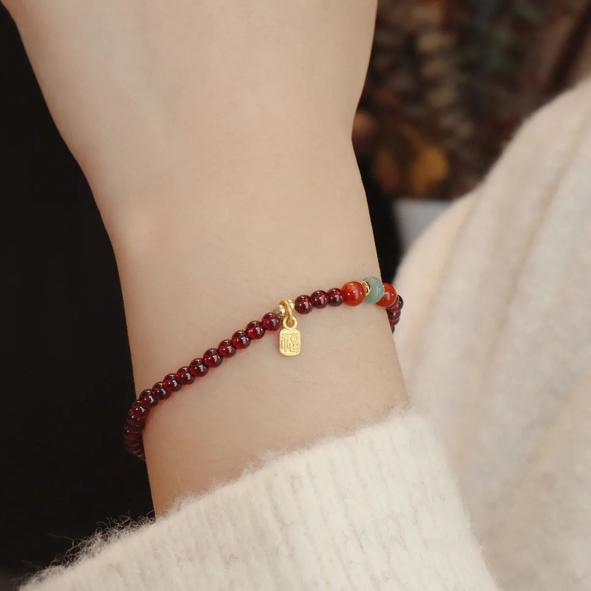 2026 3MM Garnet Bracelet with Aqua Jade & Agate, Gold Plated Stackable Beaded Bracelets for Women, Healing Crystal Gift 1420