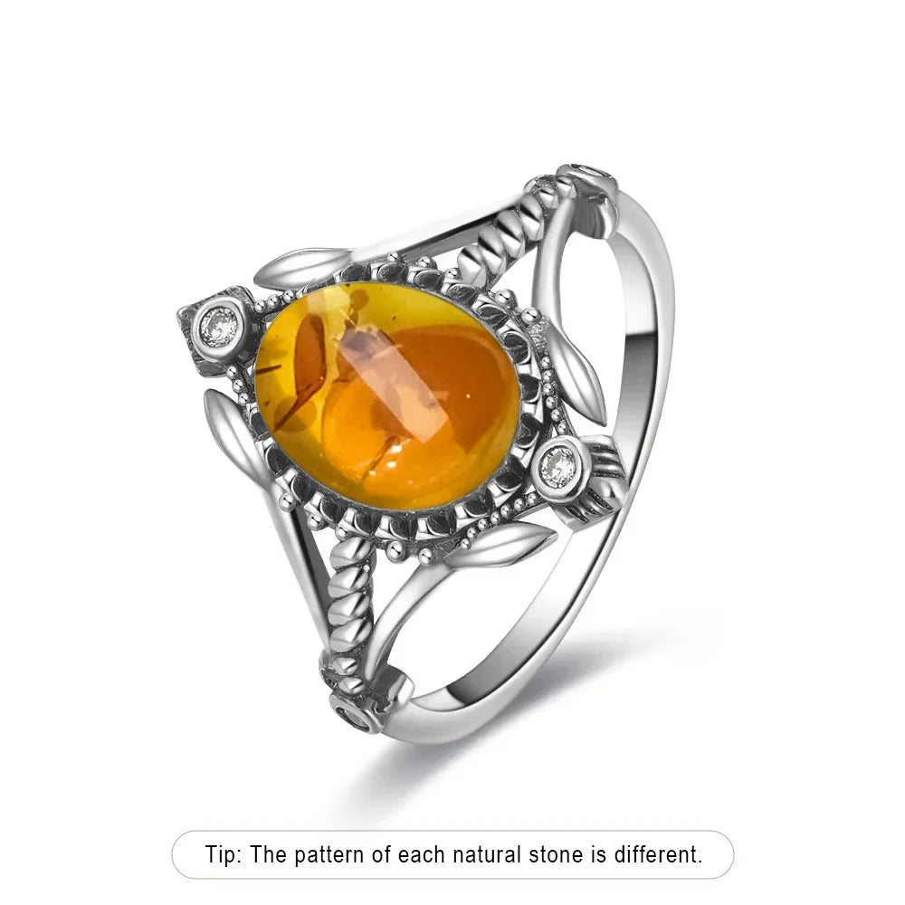 Certified Sterling Silver 925 Petal Amber Ring with Yellow Oval Natural Stone Ring Flower Jewelry Vintage Rings for Women Men