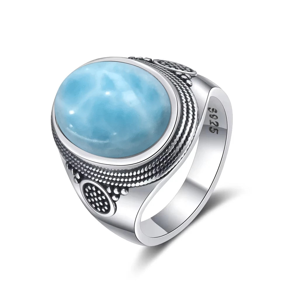 Vintage S925 Sterling Silver Natural labradorite Moonstone Ring 10x14MM Large Turquoise Lapis Retro Ring For Women Men
