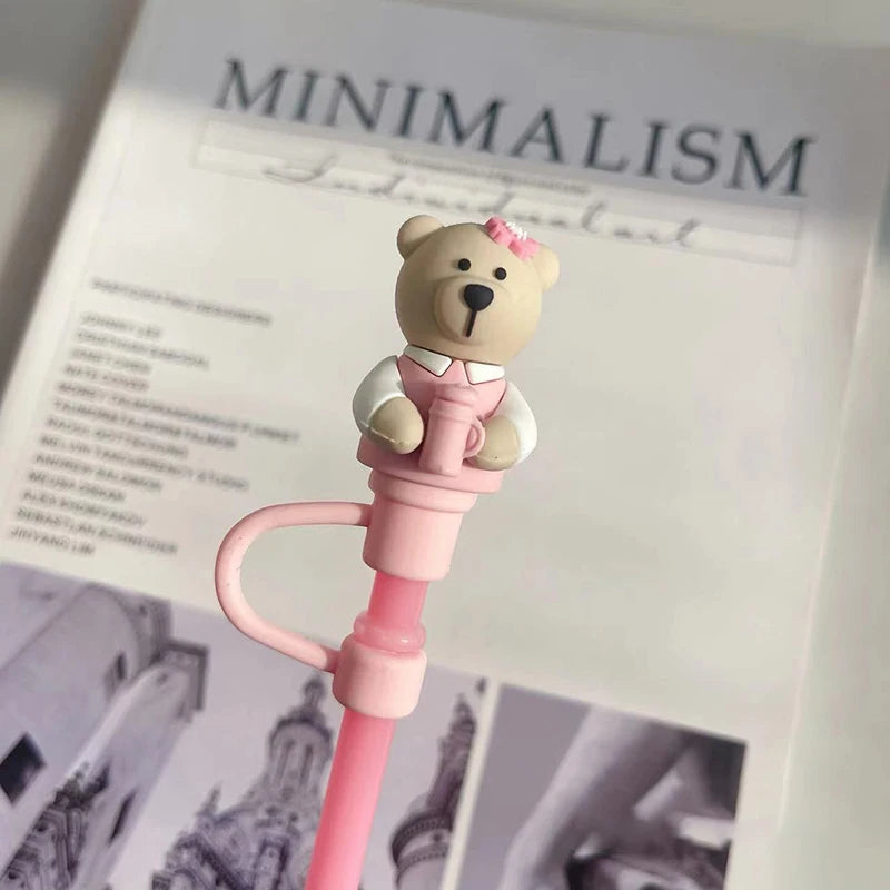 Cute Bear Straw Cover Dust Cap Silicone Kawaii Cherry Straw Toppers For Tumbler Pink Drinking Charm Decor Cover For 7-8mm Straws