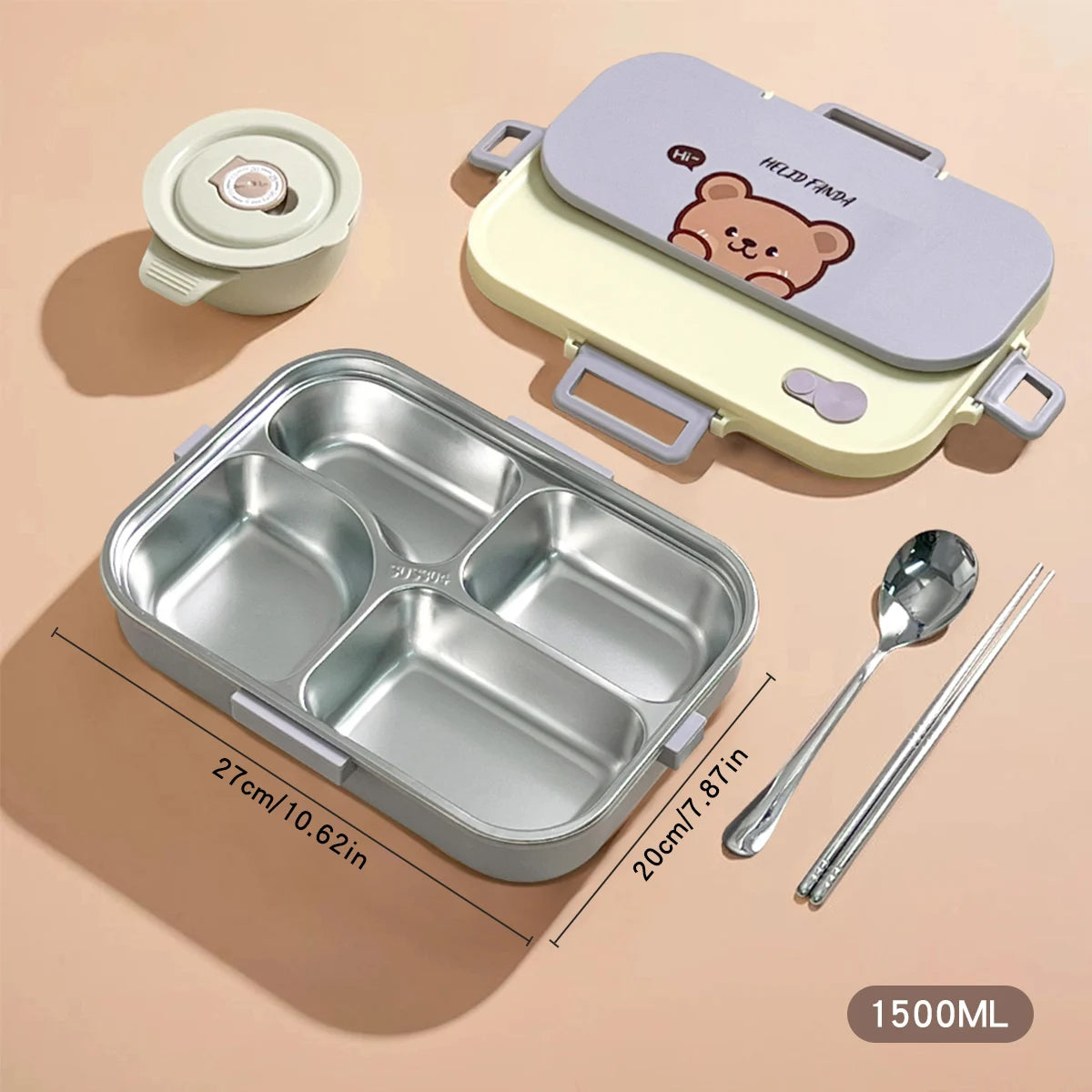 Large Capacity Divided Lunch Container Set For Kids Students Sealed 304 Stainless Steel Bento Lunch Box With Bowl&Cutlery 6