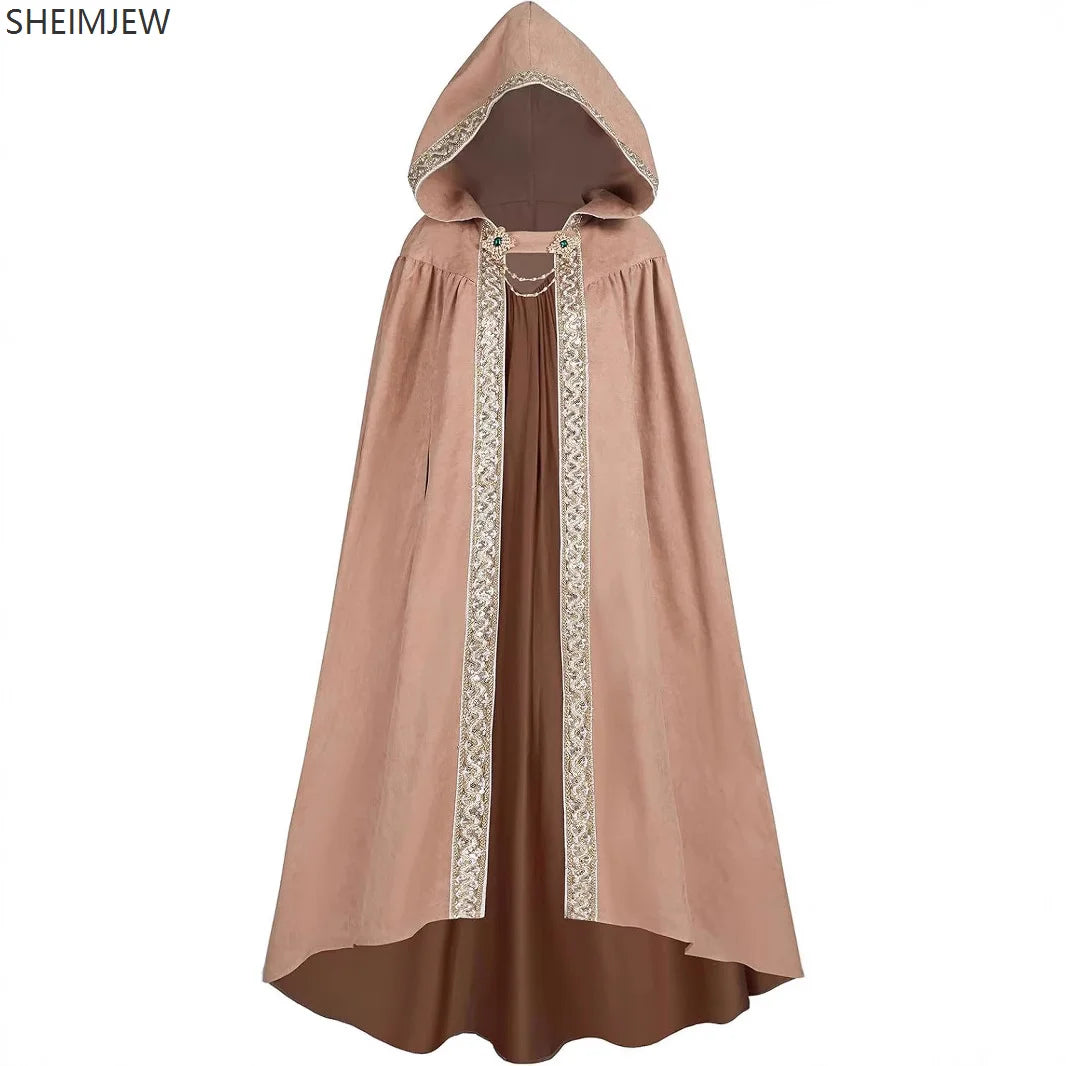 Medieval Hooded Cloak with Lace & Ribbon Trim – Renaissance Costume Cape, 6 Colors