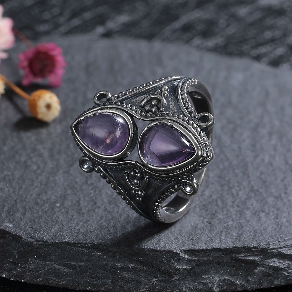 S925 Silver Jewelry Ring Natural Turquoise Moonstone Amethyst Stone Vintage Ring For Women Party Gifts