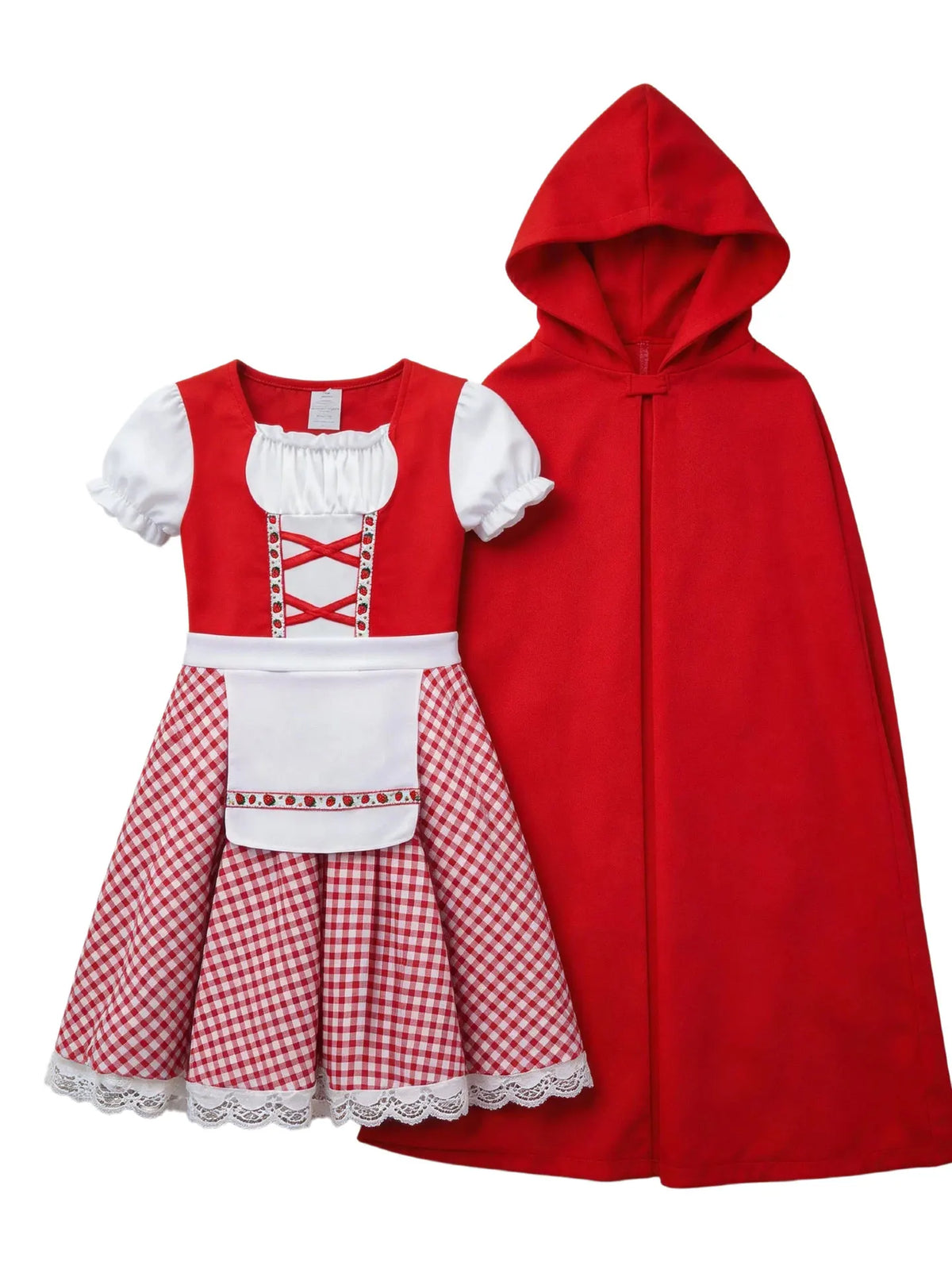 Kids Little Red Riding Hood Costume Girls Halloween Cosplay Outfit Red Hooded Cloak Plaid Lace Strawberry Dress Fairy Tale Fancy