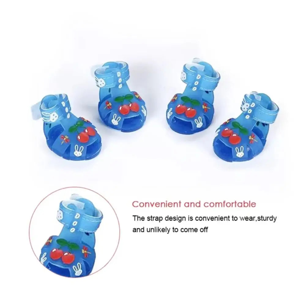 4Pcs/Set Cartoon Dog Summer Jelly Sandals Soft Adjustable Breathable Dog Shoes Wear-resistant Non-slip Hollow Puppy Shoes