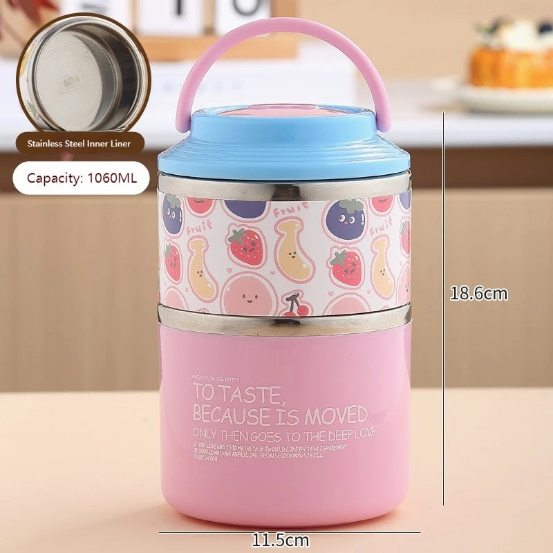 Thermos Bento Box Cartoon Pattern Double Layer Stainless Steel Lunch Box Office Workers Students Portable Thermos Food Container