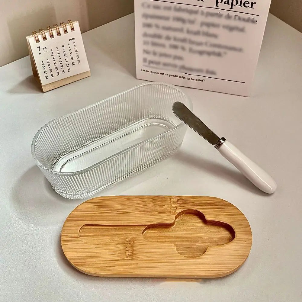 Durable Oval Shape Glass Butter Box Visible Fresh-keeping Butter Dish With Lid and Spatula Transparent Butter Container Baking