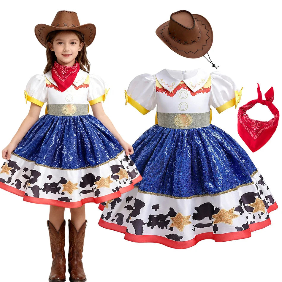 Girl Jessie Dress Kids Yellow Blue Cowgirl Cosplay Costume Kids Fancy Party Outfit Halloween Christmas Gift