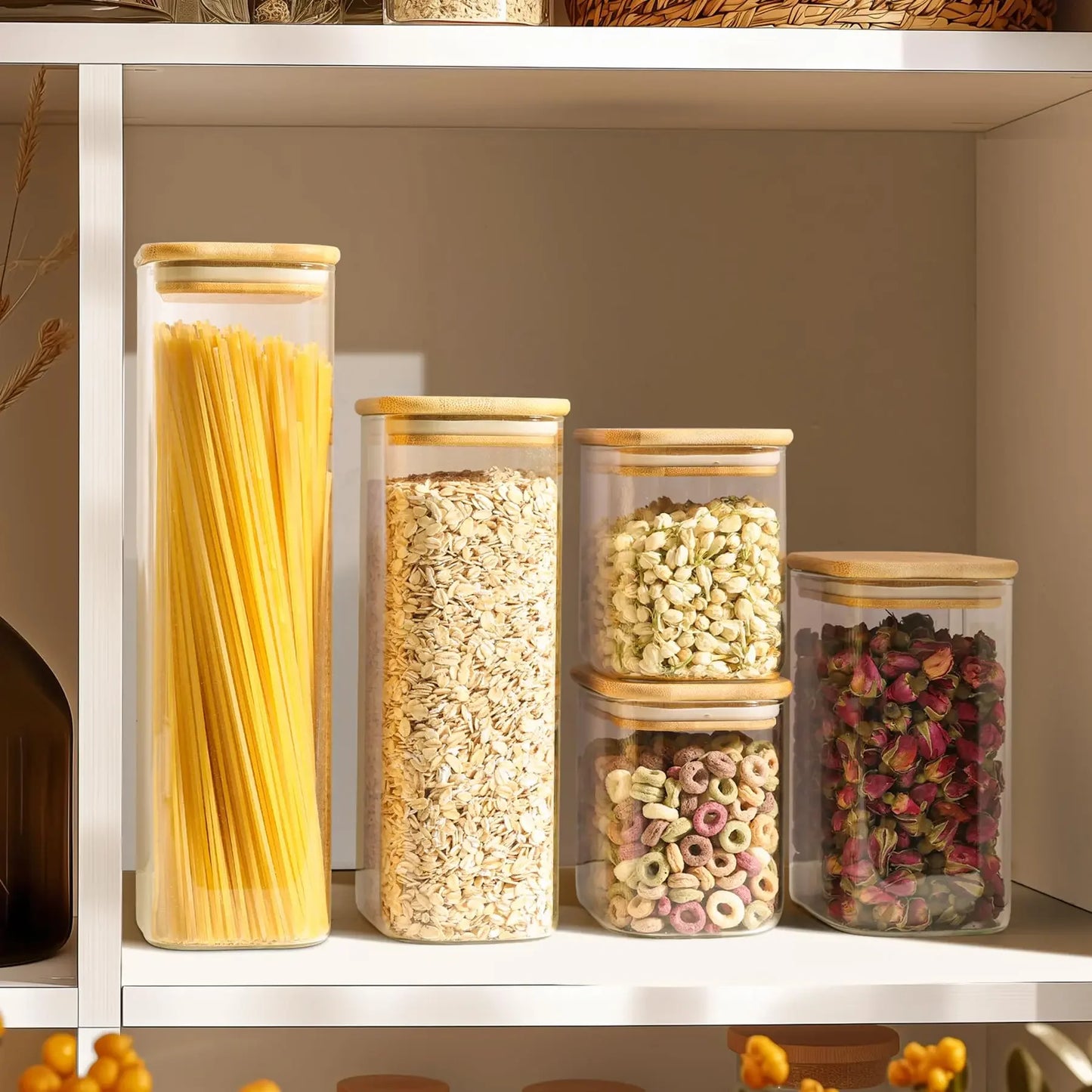 Rectangle  Storage Containers Jars with Bamboo Lids, Clear Food Storage Jar, Pantry Kitchen Organizer for Pasta Flour Oats Nuts