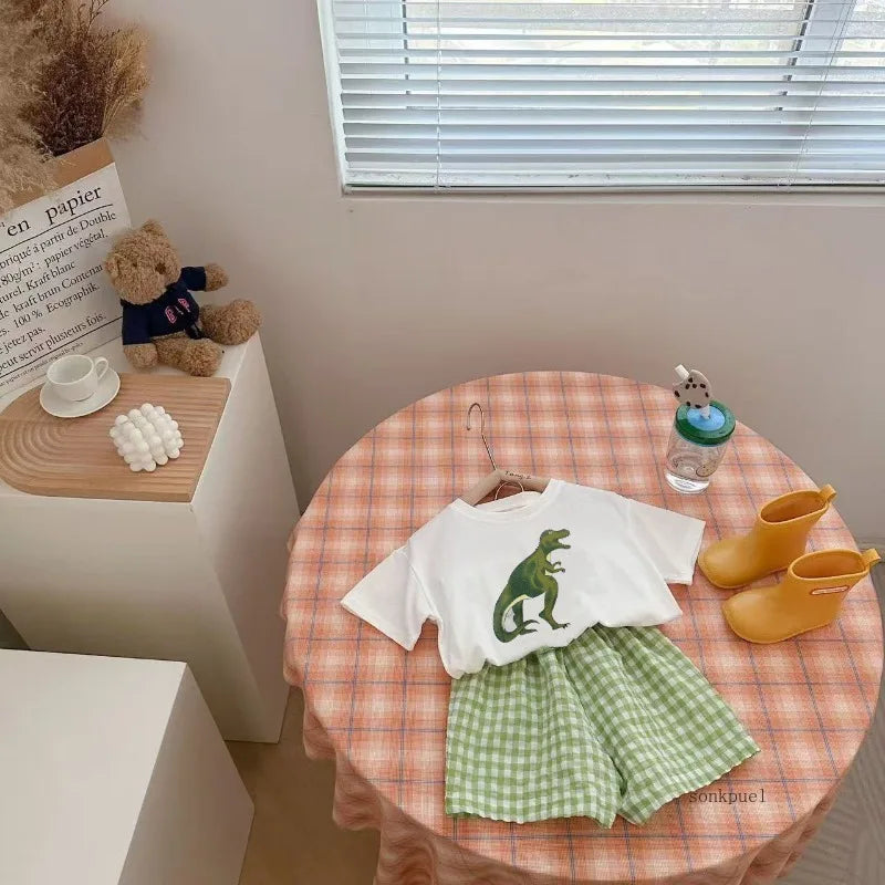 2Pcs Baby Clothes Set Newborn Boys Casual Dinosaur Print Short Sleeved T-shirt+plaid Shorts Toddler Girl Summer Kids Outfit Set