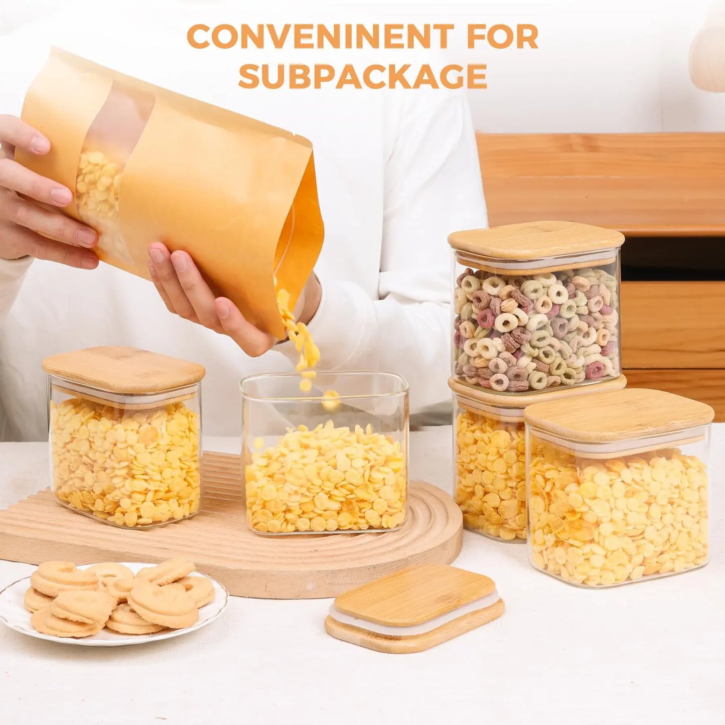Rectangle  Storage Containers Jars with Bamboo Lids, Clear Food Storage Jar, Pantry Kitchen Organizer for Pasta Flour Oats Nuts
