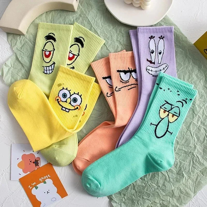 5 Pairs Kawaii SpongeBob Mid-Calf Socks Breathable Cotton Comfortable Tide Anime Socks for Boys Girls Students Birthday Gift