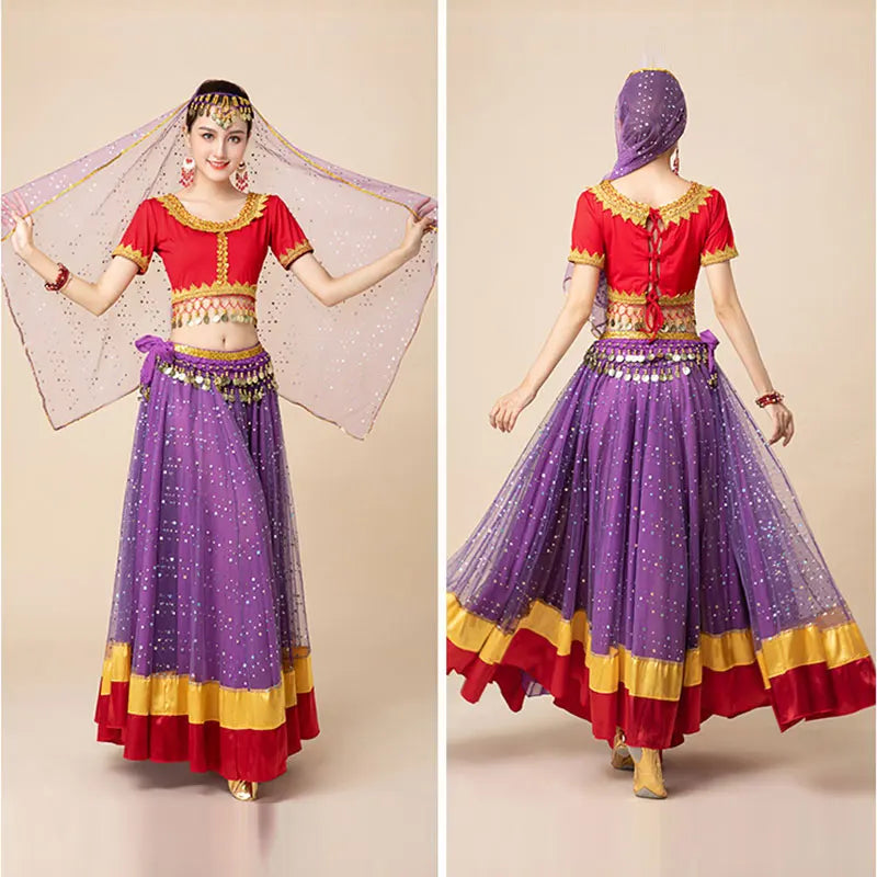 Adult Indian Sari Belly Dance Tops Skirt Costume Uniform Women Arabic Halloween Bollywood Bellydance Rave Party Dress Up Outfit