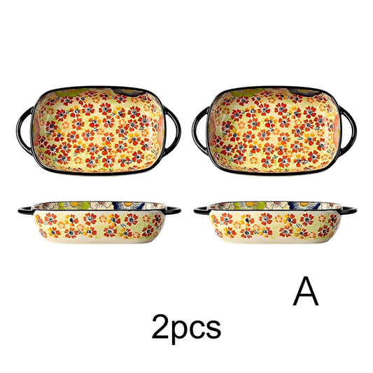 Polish Pottery Floral Baking Dish Set, Hand Painted Ceramic Bakeware with Handles, Oven Safe for Casserole & Fruit Serving