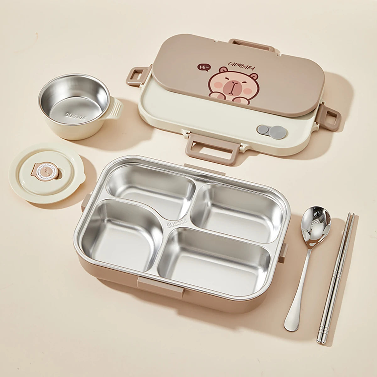Large Capacity Divided Lunch Container Set For Kids Students Sealed 304 Stainless Steel Bento Lunch Box With Bowl&Cutlery 6