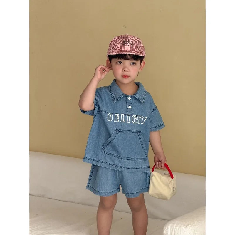 Childrens Summer Denim Set 2026 New Summer Clothes for Girls Loose and Casual Boys Short Sleeved Shorts Baby Clothes